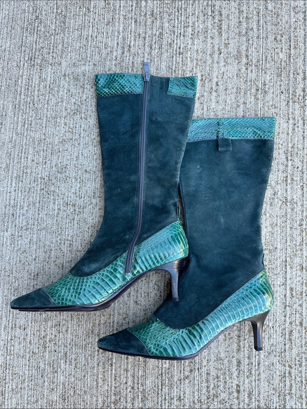 Juno New York Women’s Green Suede & Emerald Snake-Texture Mid-Calf Heeled Boots